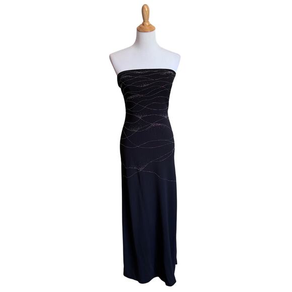 Vintage Cache Y2K Maxi Dress Black Beaded Gown Grunge Strapless 90s Evening - Picture 1 of 9